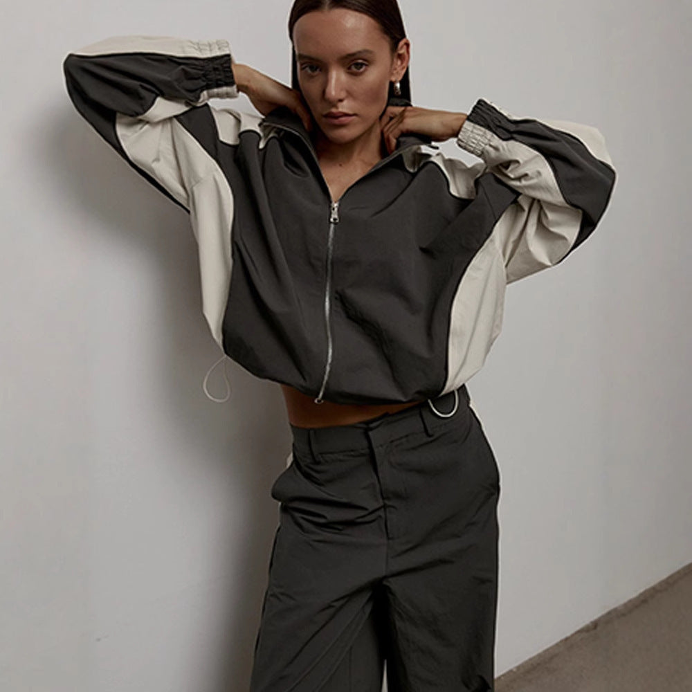 Damen Sportjacke Hochkragen Kontrastärmel Modern