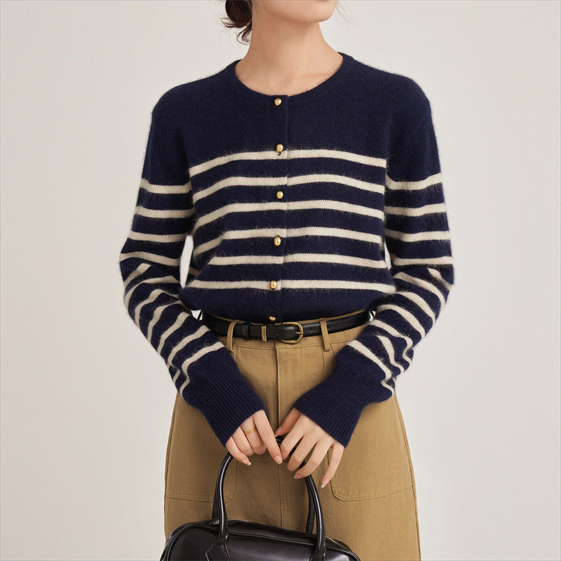 Damen Strickjacke Gestreift Feines Material Goldene Knöpfe