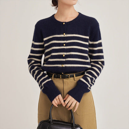 Damen Strickjacke Gestreift Feines Material Goldene Knöpfe