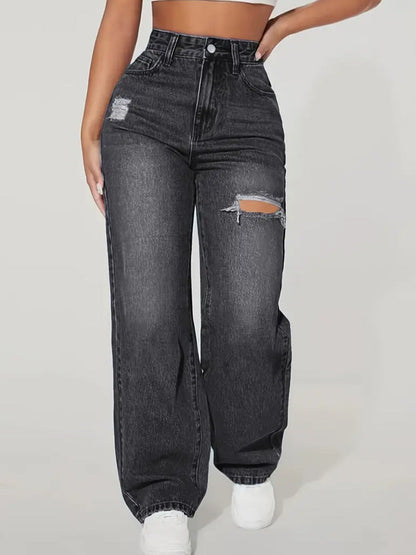 Damen High-Waist Jeans Ripped gerades Bein