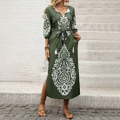 Damen Maxikleid Florales Muster Bauchfrei Taillengürtel Norvielle