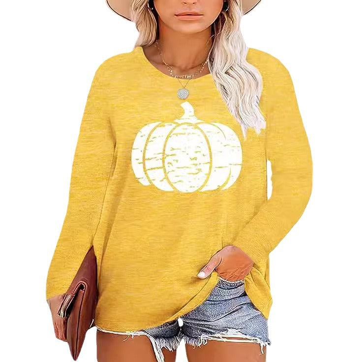 Damen Langarmshirt Kürbis-Motiv Baumwolle Herbstfarben