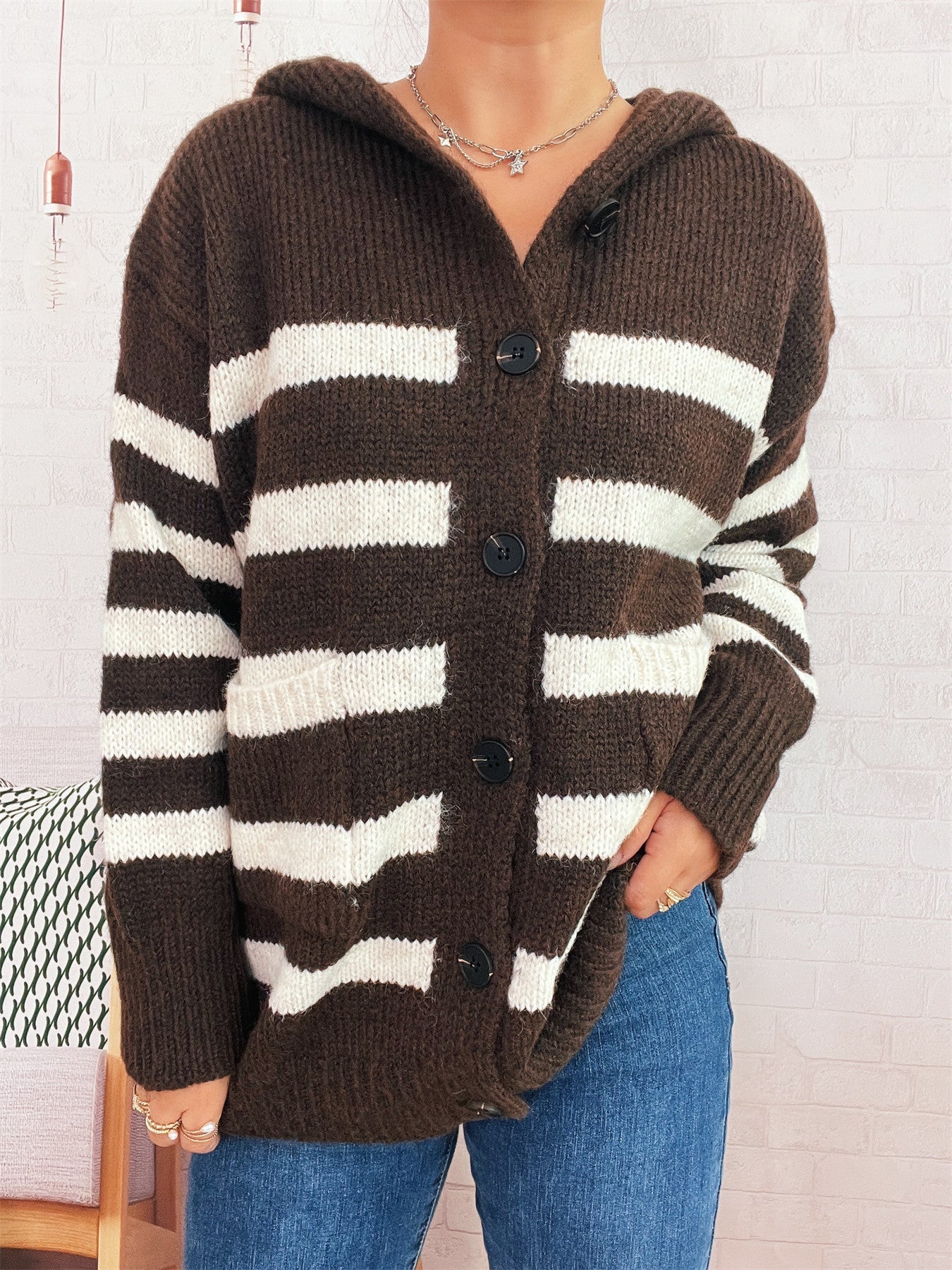 Damen Strickcardigan mit Kapuze und Streifen