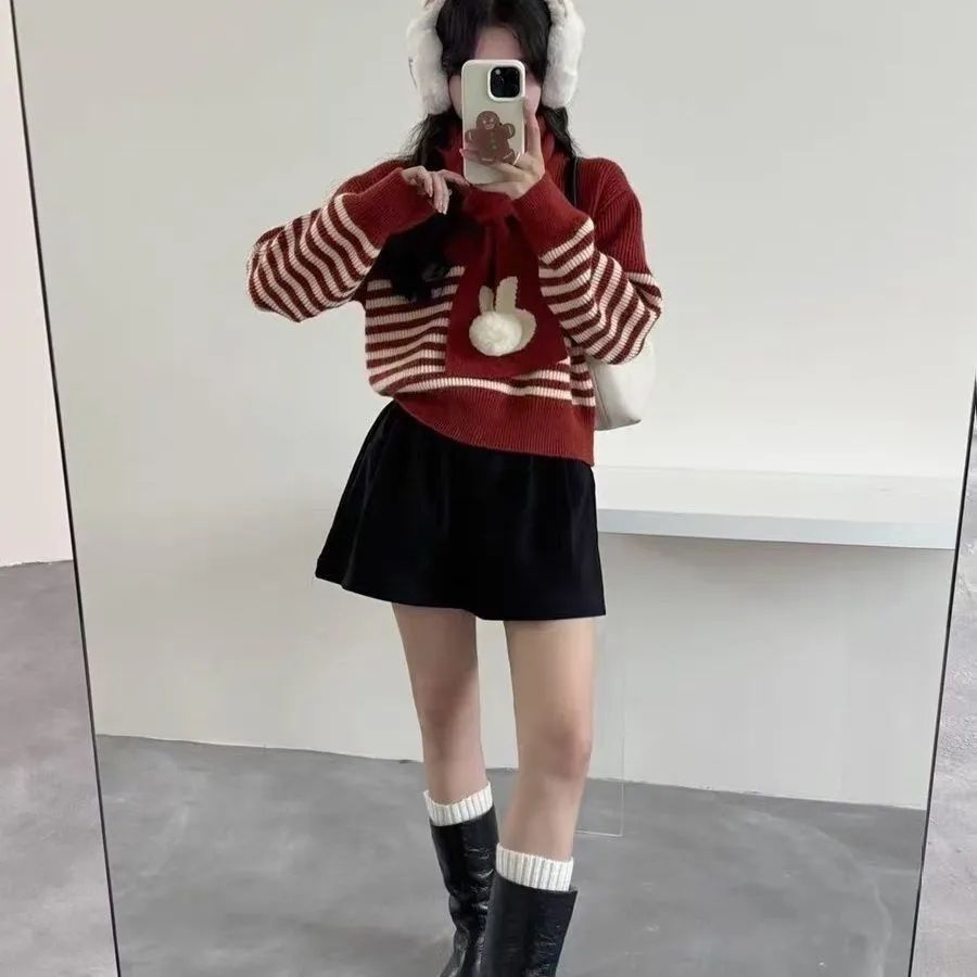 Damen Strickpullover Mit Hohem Kragen Auffällige Streifen Norvielle