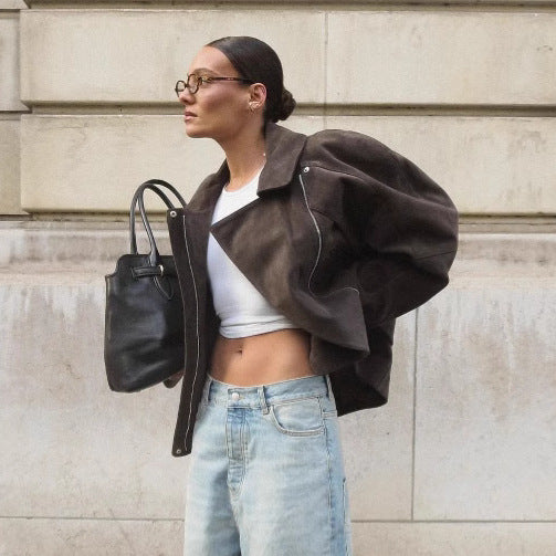 Damen Modische Wildlederjacke mit Taillengürtel