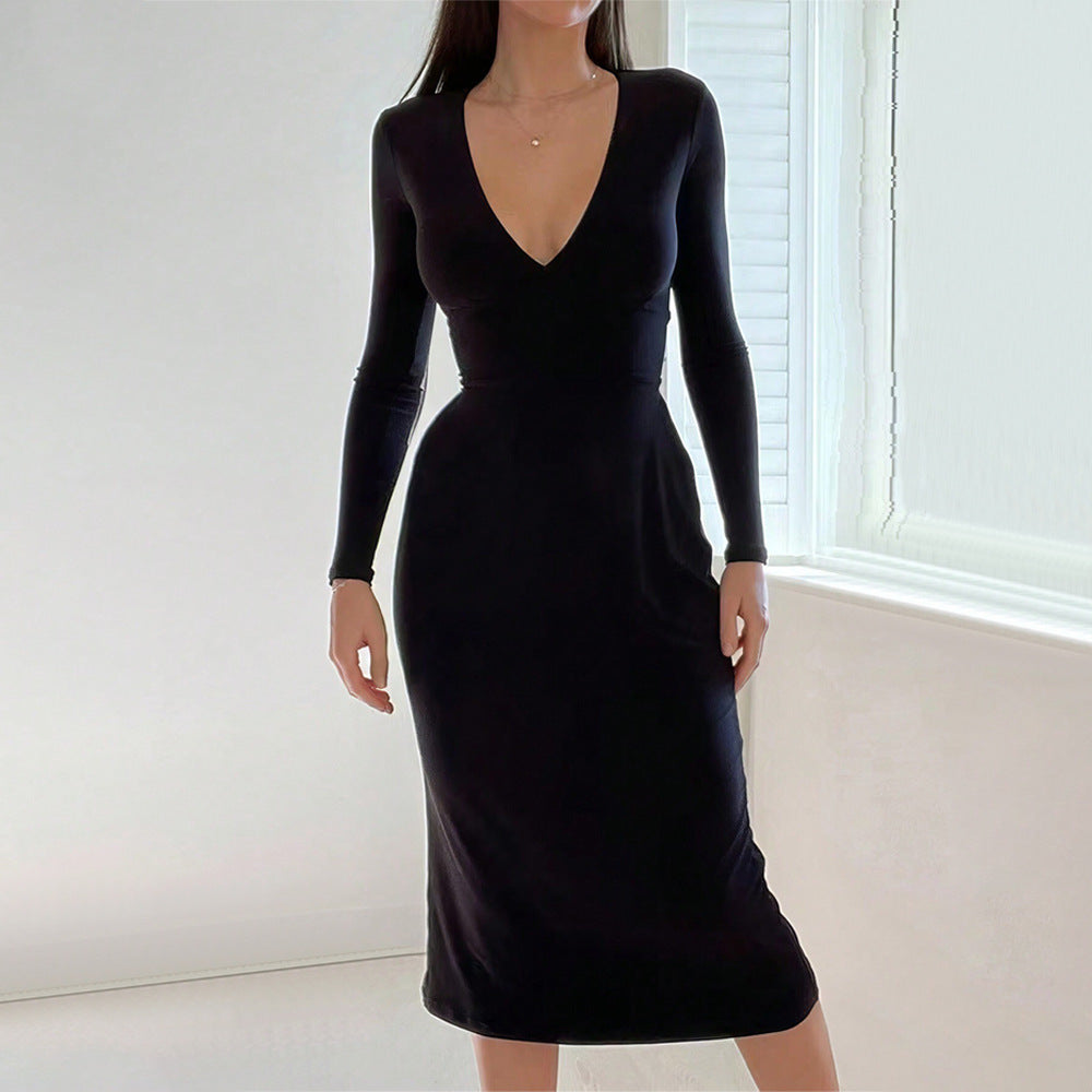 Damen Midi-Kleid V-Ausschnitt Langarm Schwarz - Norvielle