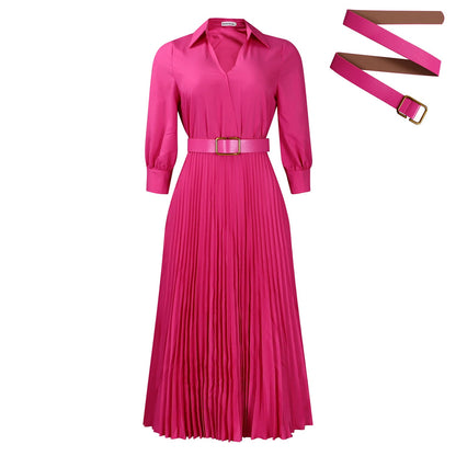 Damen Maxi-Kleid Plissee mit Taillengürtel und Knopfkragen