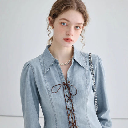 Damen Jeansbluse Geschnürtes Dekolleté Puffärmel