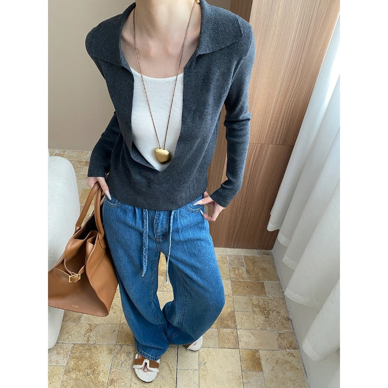 Damen Pullover Elegantes Design V-Ausschnitt Feine Stickerei