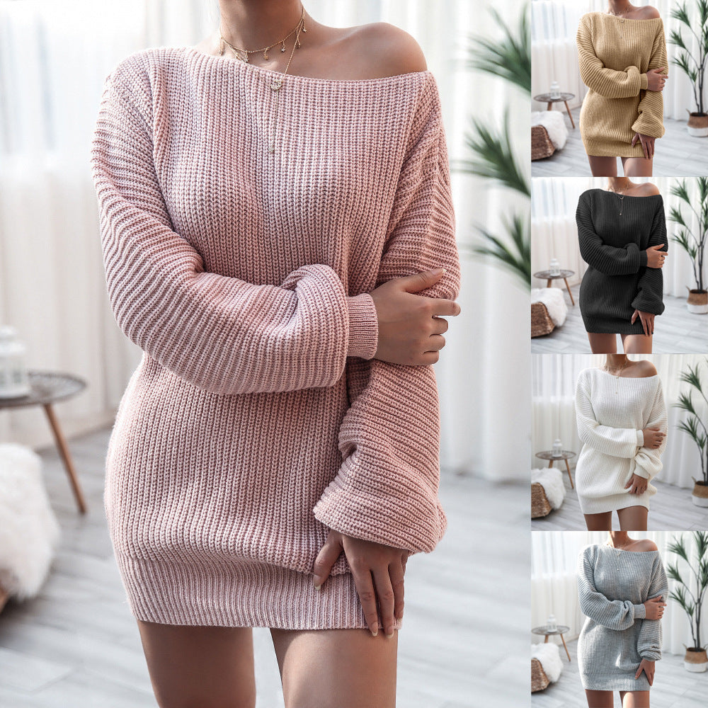 Damen Strickpullover Oversized Schulterfrei Beige - Norvielle