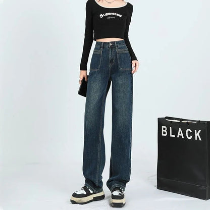 Damen Weite Denim-Hose Hohe Taschen Norvielle