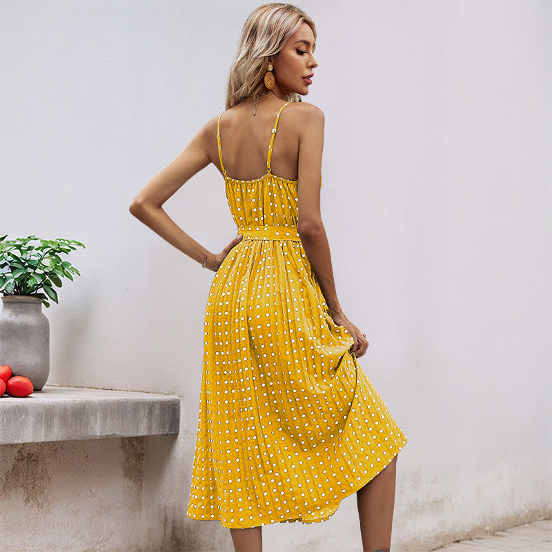 Damen Midikleid mit Gürtel Polka Dot Muster
