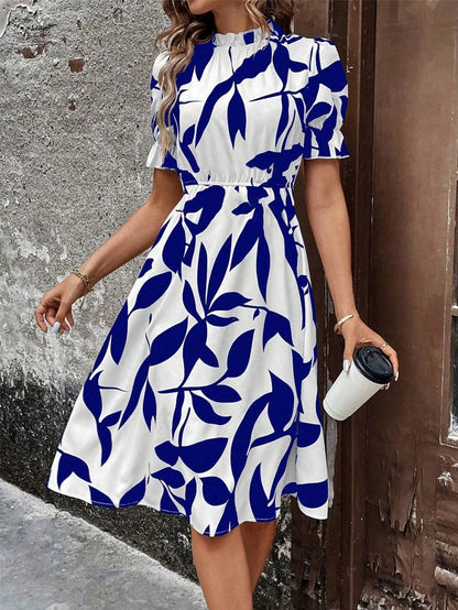 Damen Midi-Kleid Pflanzenmuster Gummizug