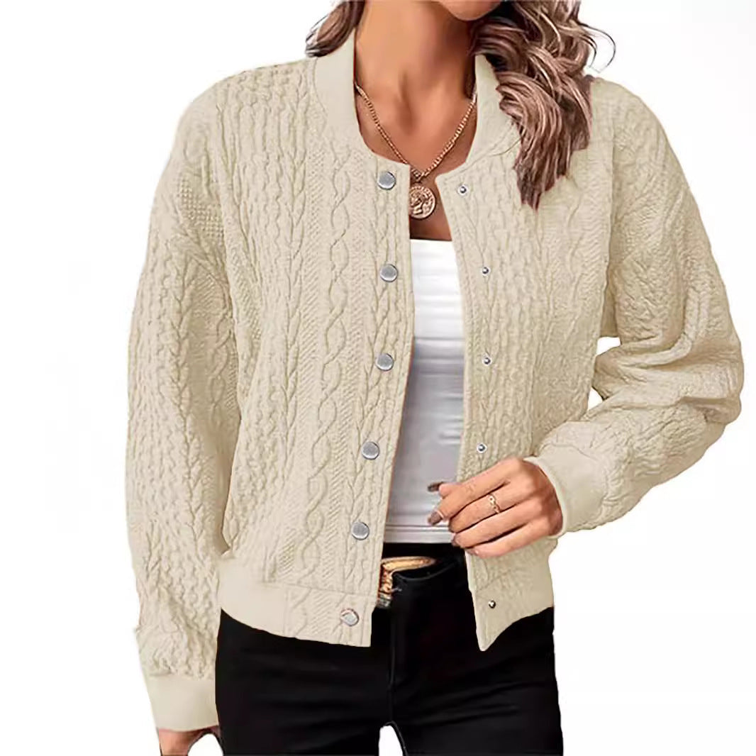 Damen Strickjacke Zopfmuster Druckknopfverschluss Beige Norvielle - Norvielle