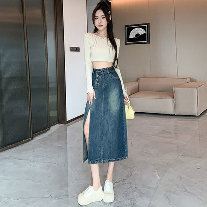 Damen Denim-Rock Lang Mit Frontschlitz