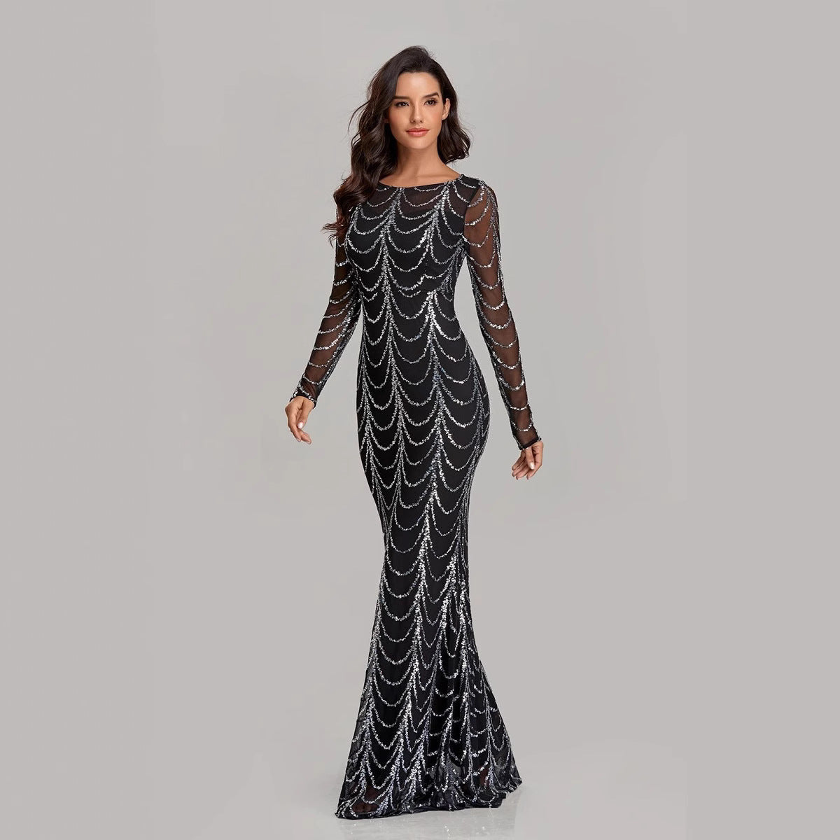 Damen Abendkleid Figurbetont Transparente Ärmel Pailletten
