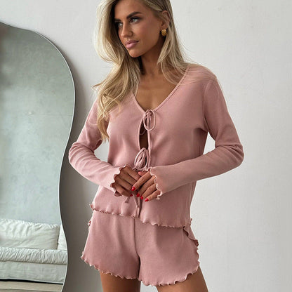 Damen Rippstrick Set Leicht Knopfleiste Modisch