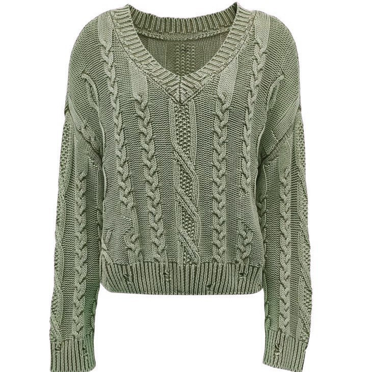 Damen Grobstrickpullover V-Ausschnitt Zopfmuster Norvielle
