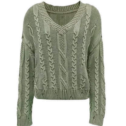 Damen Grobstrickpullover V-Ausschnitt Zopfmuster Norvielle