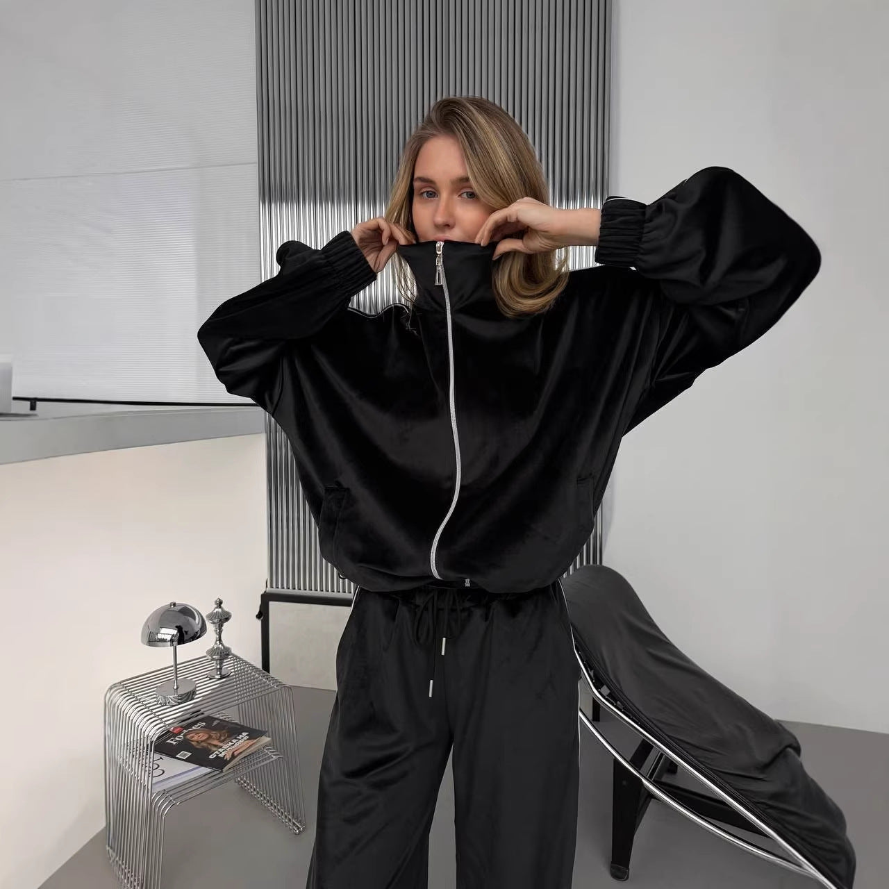 Damen Sportanzug-Set Samt Lässiger Schnitt Schwarz - Norvielle