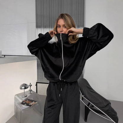Damen Sportanzug-Set Samt Lässiger Schnitt Schwarz - Norvielle