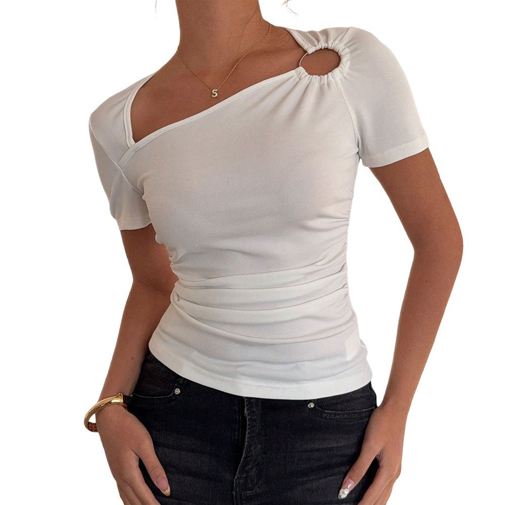 Damen Kurzarmshirt Asymmetrischer Ausschnitt Raffung Norvielle