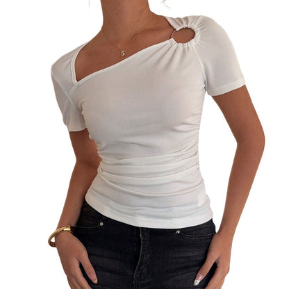 Damen Kurzarmshirt Asymmetrischer Ausschnitt Raffung Norvielle