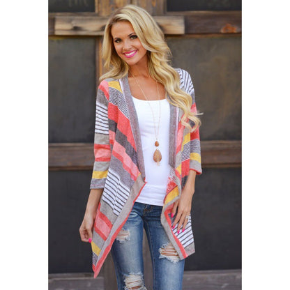 Damen Strickjacke Streifenmuster Offener Schnitt Beige - Norvielle