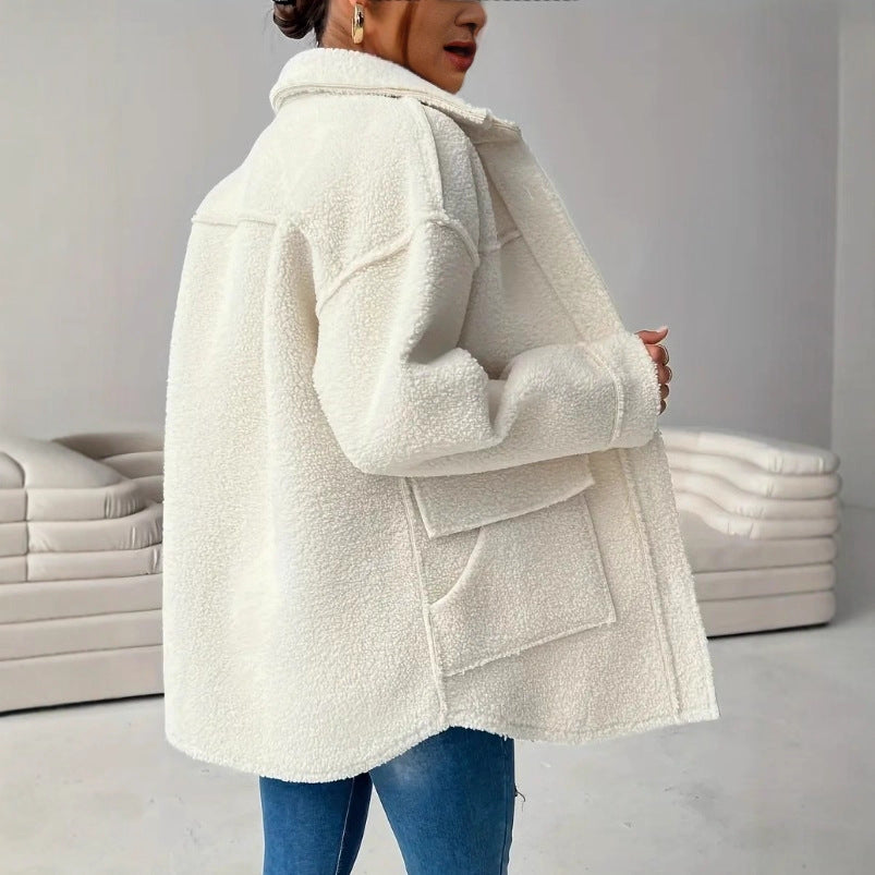 Damen Teddy Mantel Weiß Oversized Knöpfe Taschen