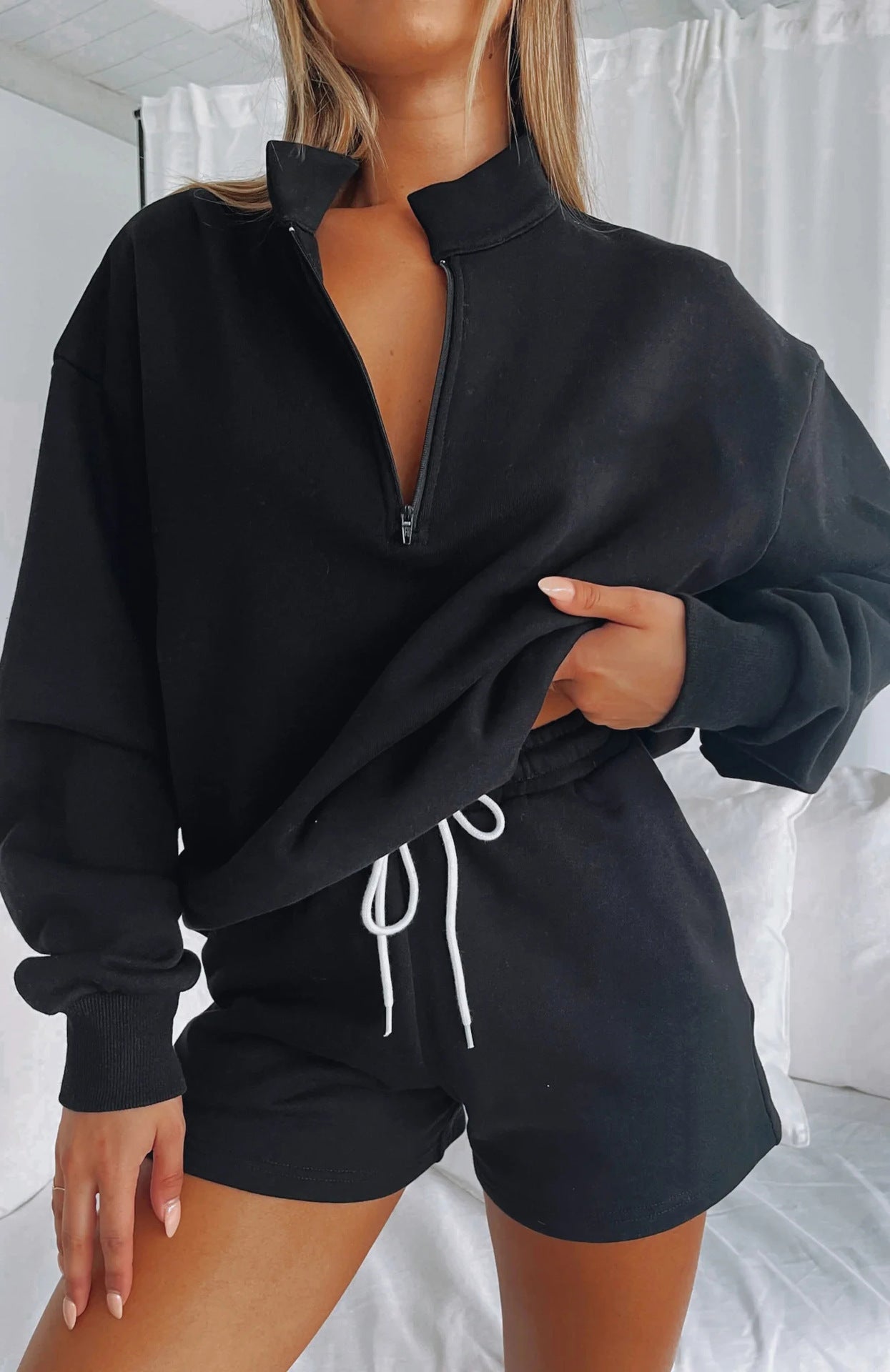 Damen Sweatpullover Kurz Hose Reißverschluss Norvielle