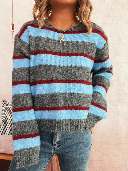 Damen Strickpullover Bunt Streifenmuster Breite Ärmel