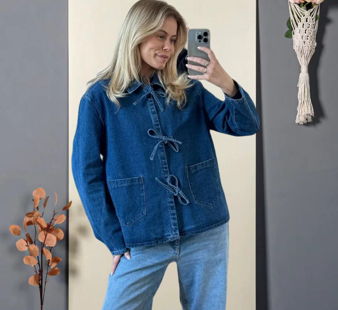 Damen Jeansjacke Dekorative Schleifen Praktische Taschen