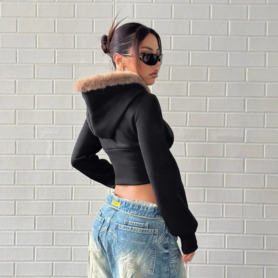 Damen Cropped Hoodie Fellbesatz