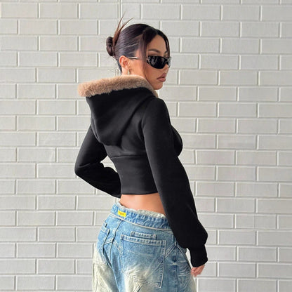 Damen Cropped Hoodie Fellbesatz