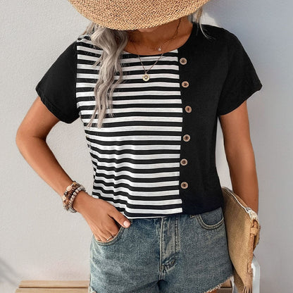 Damen T-Shirt Streifen Knöpfe Weiß - Norvielle