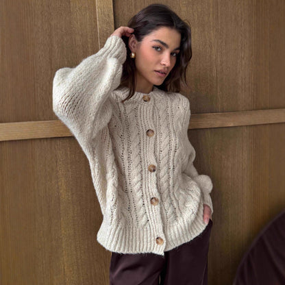 Damen Grobstrickjacke Voluminöse Ärmel Große Knöpfe Norvielle