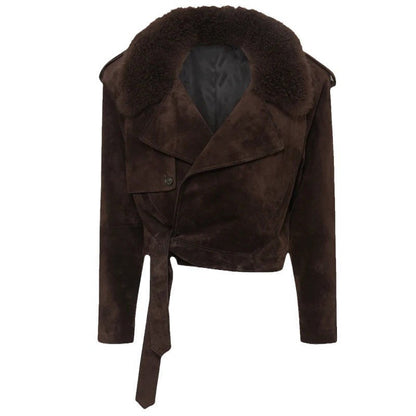 Damen Bikerjacke Wildleder Abnehmbarer Fellkragen