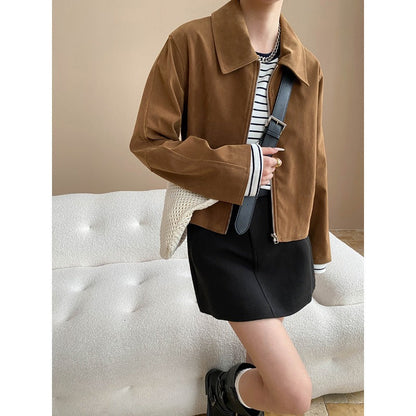 Damen Übergangsjacke Wildlederimitat Modern Revers Schwarz - Norvielle