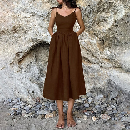 Damen Leinenkleid Lang V-Ausschnitt Tailliert Beige