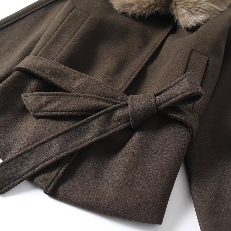 Damen Übergangsjacke Kunstfellkragen Taillengürtel Norvielle