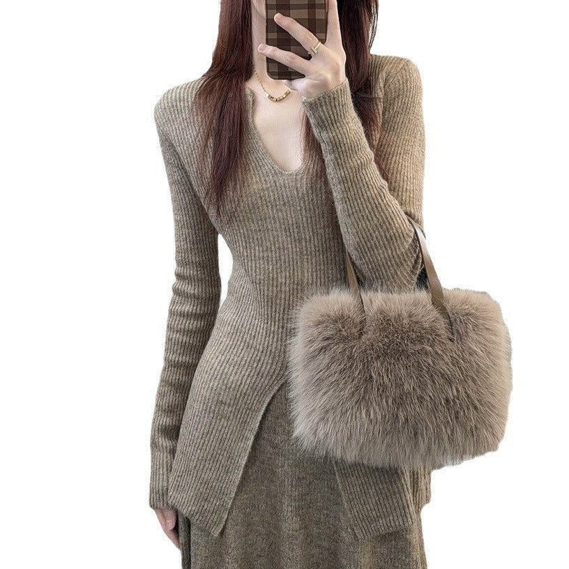 Damen Rippstrickpullover V-Ausschnitt Lässig