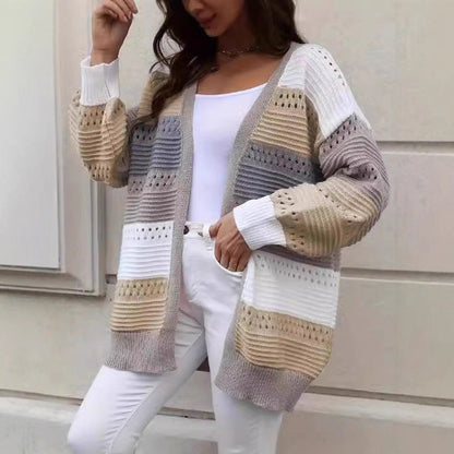 Damen Strickcardigan Groß Lochmuster Farbblock Norvielle