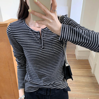 Damen Langarmshirt Streifenmuster Baumwolle Weiß