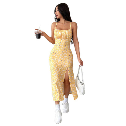 Damen Midikleid Blumenprint Hochschlitz