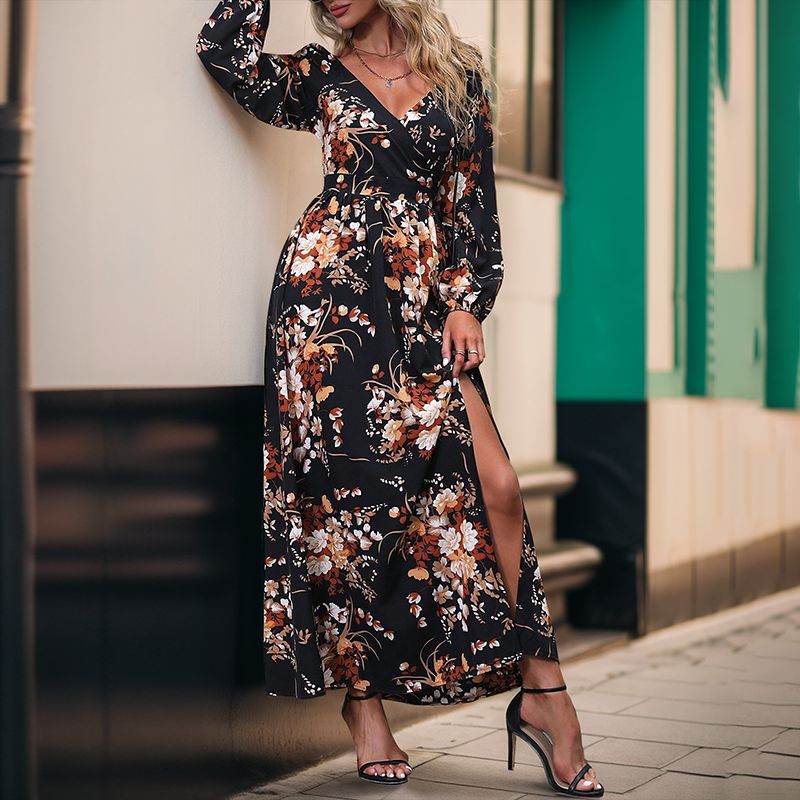 Damen Maxikleid Floralmuster Schlitz dunkel