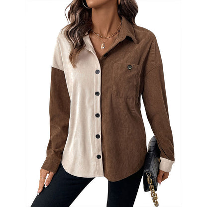 Damen Cordbluse Kontrastdetails Baumwolle Beige