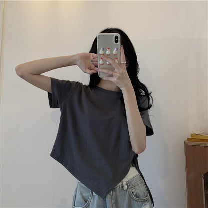 Damen Crop- Asymmetrisch Locker Baumwolle Weiß - Norvielle