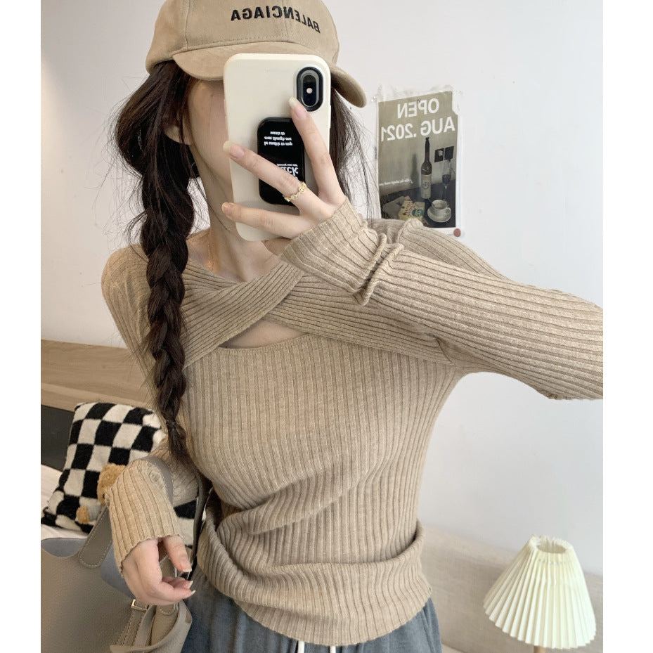 Damen Langarmshirt Offene Schulter Rippstrickmuster Norvielle