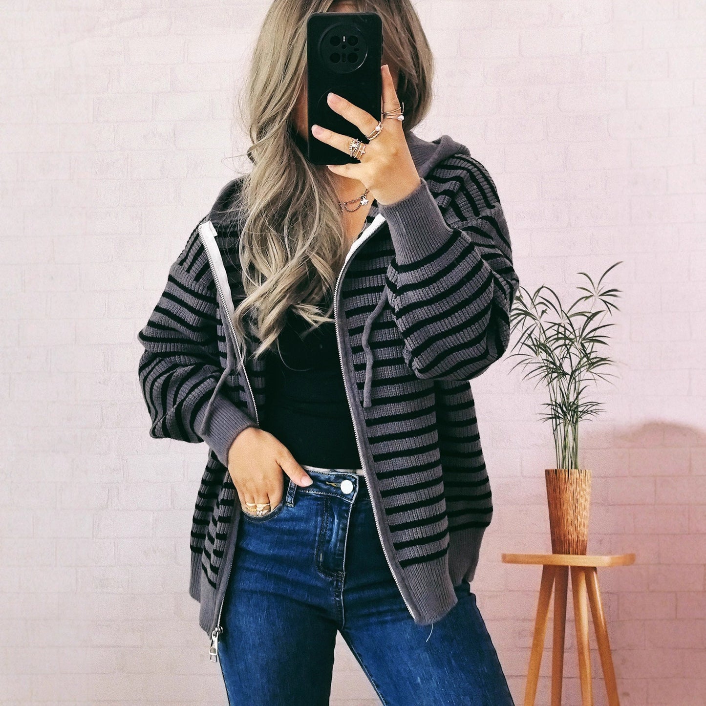 Damen Hoodie Gestreift mit Taschen Bequem Norvielle