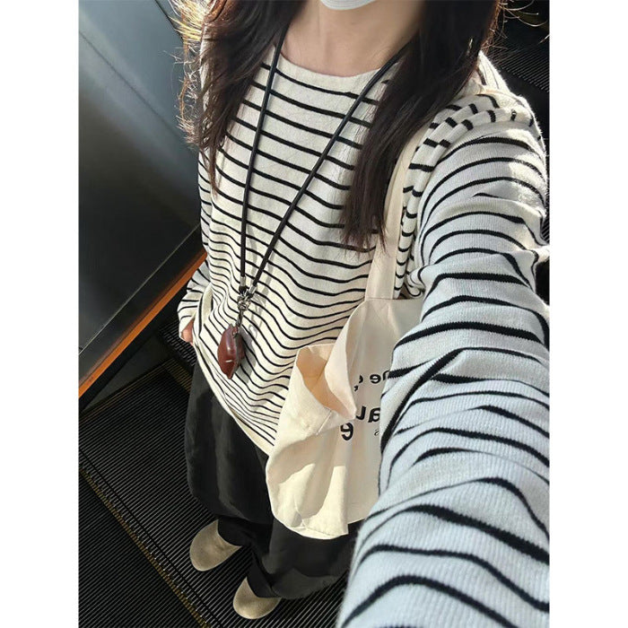 Damen Langarmshirt Breite Streifen Weiß